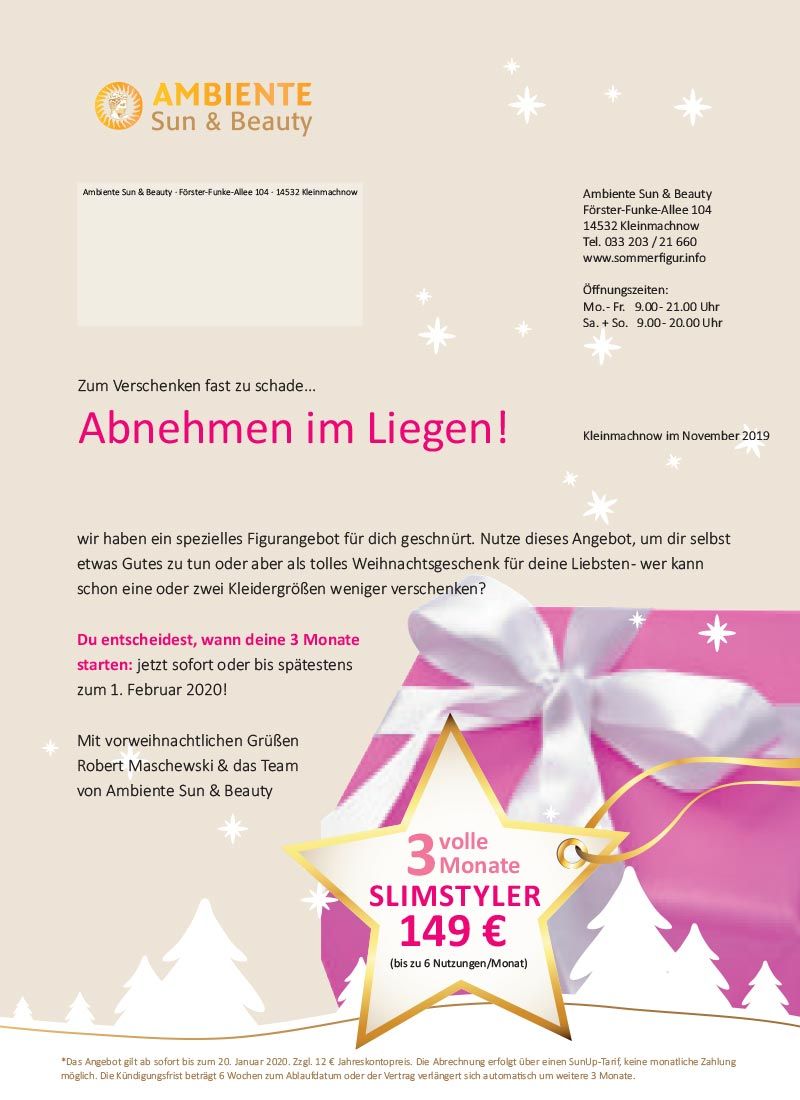 3 Monate Slimstyer nur 149 € - Weihnachtsangebot im Solarium und Sonnenstudio AMBIENTE Sun & Beauty in Berlin-Buckow